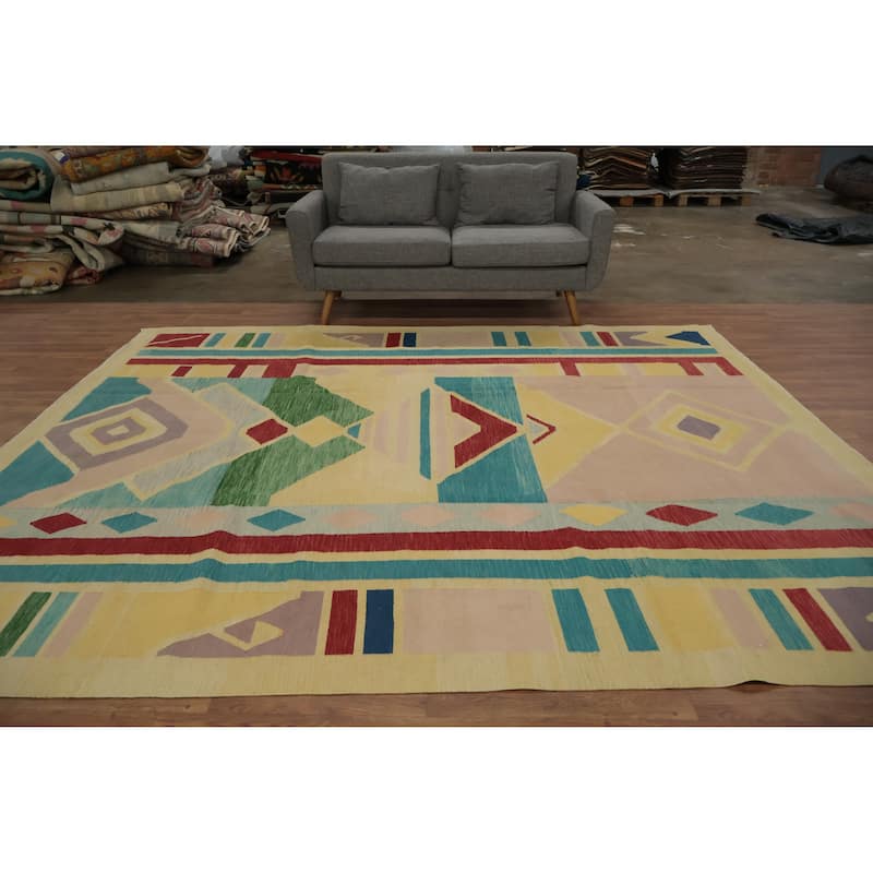 Hand Woven Oriental 100% Wool Carpet Southwestern Modern Multi-Colored Kilim Area Rug - 9' 11'' X 8' 8''
