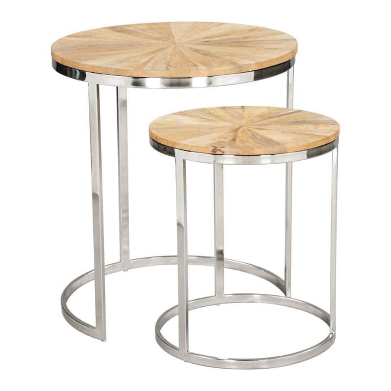 Set of 2 Solid Wood Iron Round Frame Nesting Tables for Living Room - 18” x 18” x 20.50” - Natural-Silver