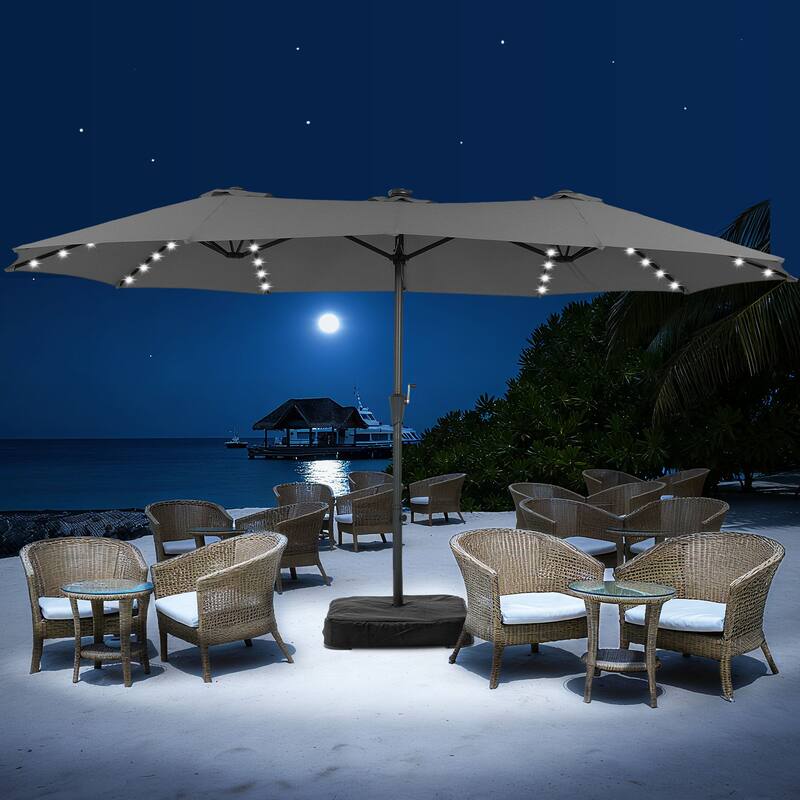 15ft Patio Umbrella Outdoor Market Umbrella with Base and LED Lights - Grey