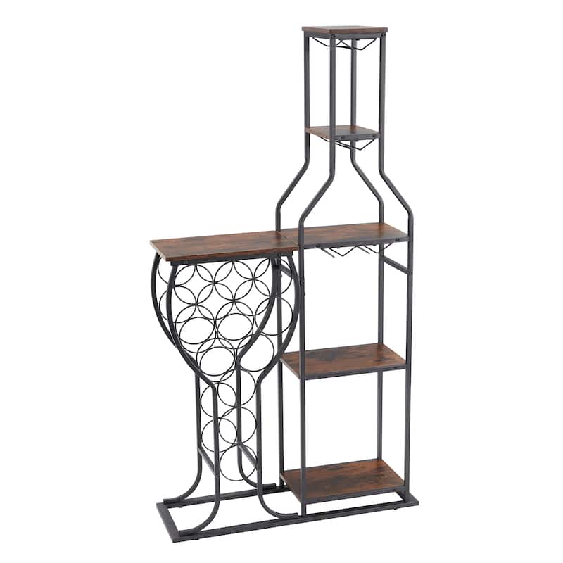 5-Tier Wine Storage, Wine Rack with Hanging Wine Glass Holder & Storage Shelves, 11 Bottle Wine - 53.94"H - Brown