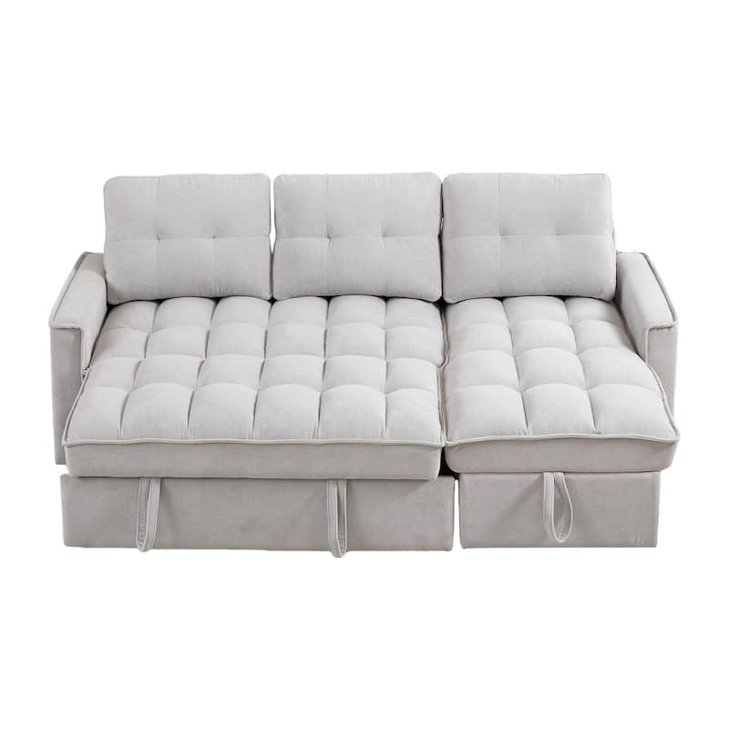 78.75" Reclining Pull-Out L-Shaped Sectional Sofa with USB, Storage, Pocket, LIGHT GREY Chenille
