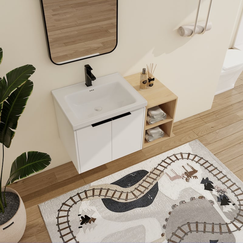 Malwee 24"/36"/48"/60" Floating Bathroom Vanity, Wall Mounted Bathroom Vanity with Ceramic Sink,Soft Close Door and Shelf