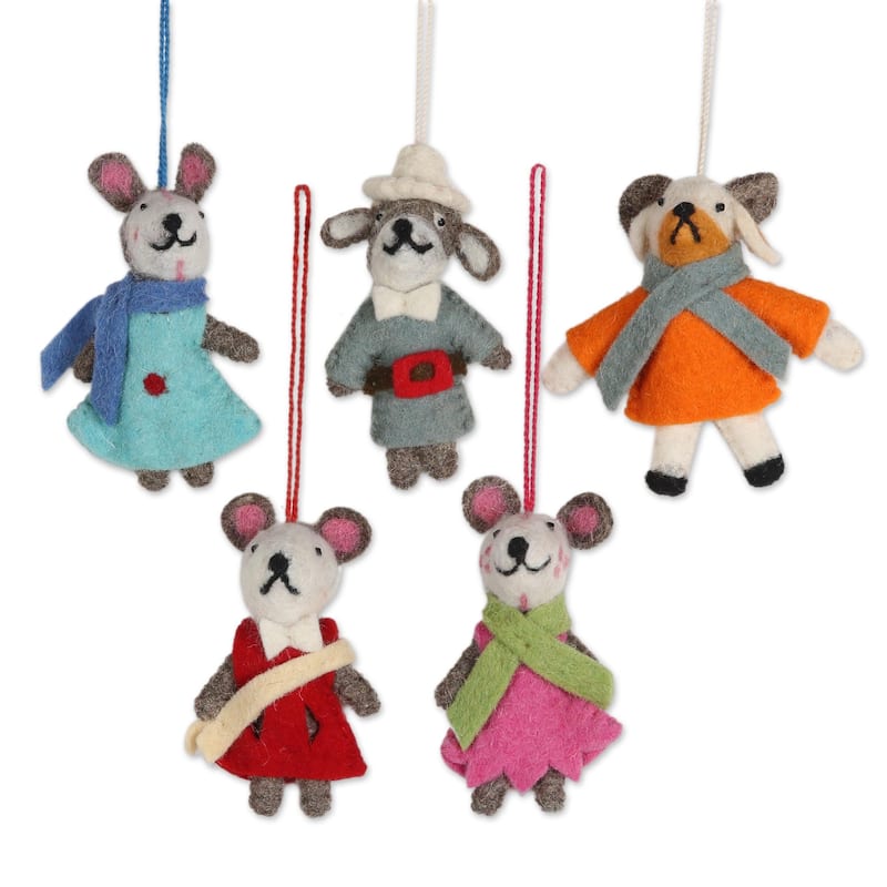 Novica Handmade Caroling Bunnies Wool Felt Ornaments (Set Of 5)