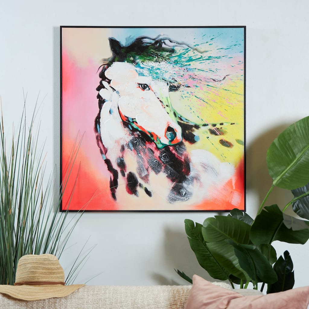 Multi Colored Canvas Abstract Paint Splatter Horse Framed Wall Art with Black Frame - Multi-Color