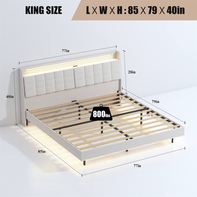 King Size LED Upholstered Platform Bed w/ Headboard & Charging Station