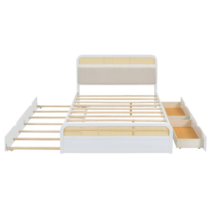Rattan Platform Bed Queen Wooden Bed Frame with Twin Trundle and 2 Drawers, Headboard with Padded Cushion Mattress Not Included
