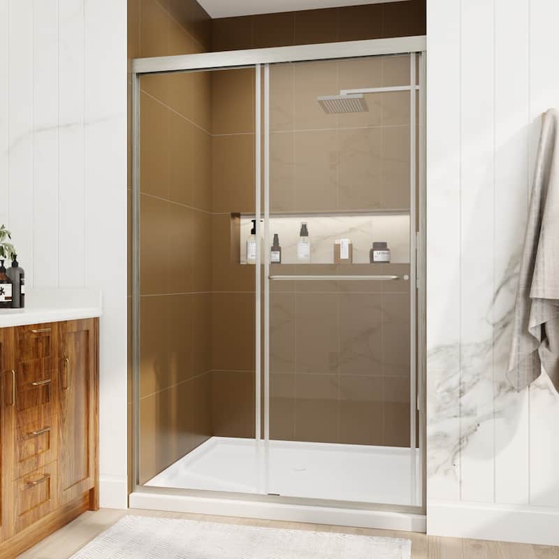 Modland 44''- 48'' W x 72'' H Glass Semi-Frameless Double Sliding Shower Tub Door in Matte Black / Brushed Nickel