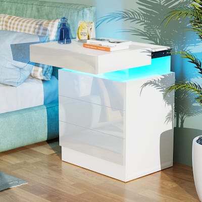 High Gloss LED NightStand with Sliding Top with 3 Deep Drawers for Bedroom Living Room