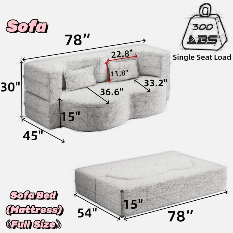 Convertible Green Teddy Fabric Foam-Filled Floor Sofa Bed with 2 Pillows, No Assembly Required