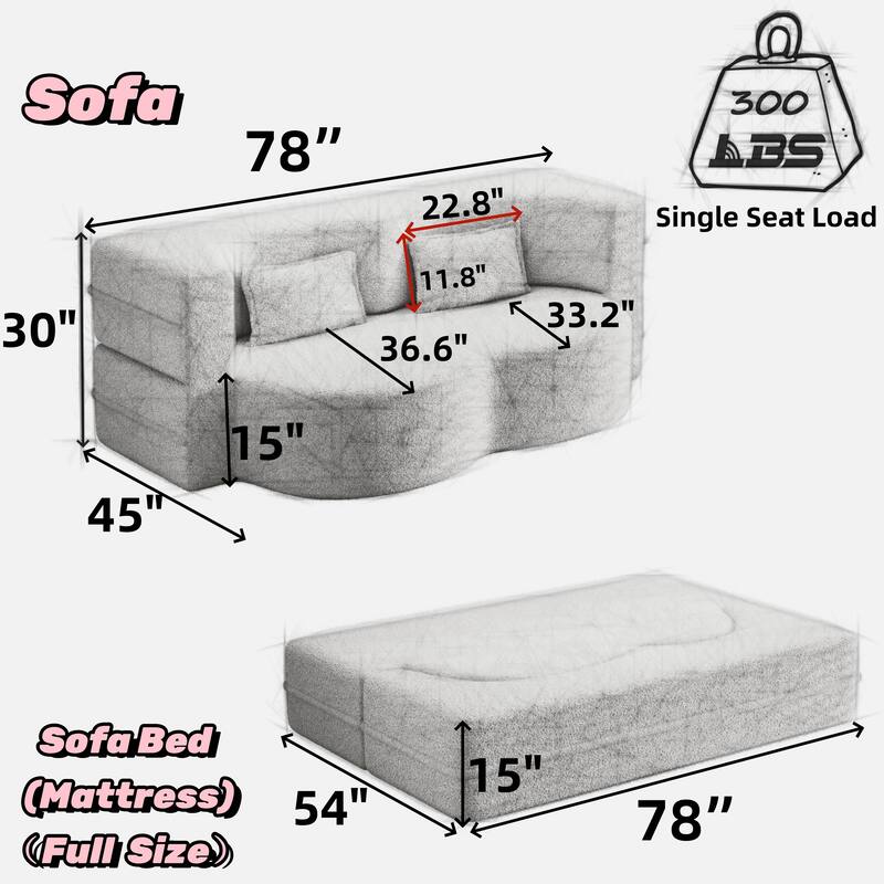 Full-Size Convertible Sofa Bed, Teddy Fabric Sleeper Couch with Foam-Filled Support and 2 Free Pillows for Living Room