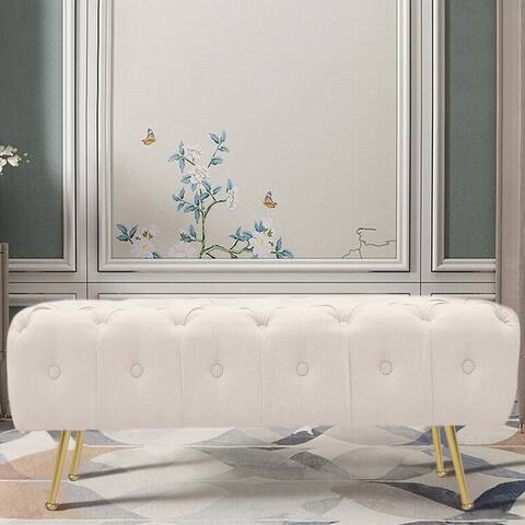 Tufted Fabric Ottoman Modern Upholstered Bench with Golden Legs