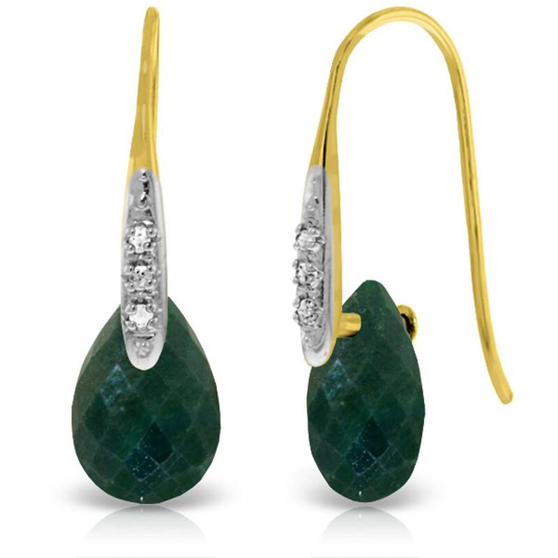 14K Solid Gold Earrings w/ Diamonds & Dangling Dyed Green Sapphires - Yellow