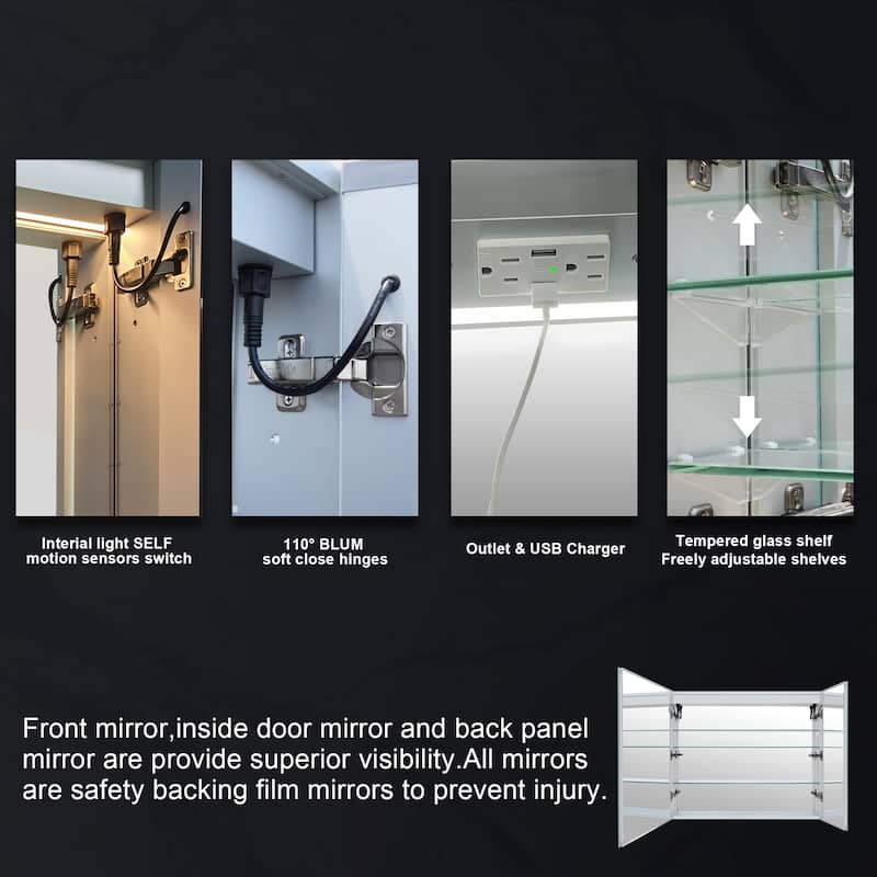 30" H Recessed or Surface LED Mirror Cabinet with Adjustable Glass Shelves,Defogger, Dimmer And Outlets & USB Ports