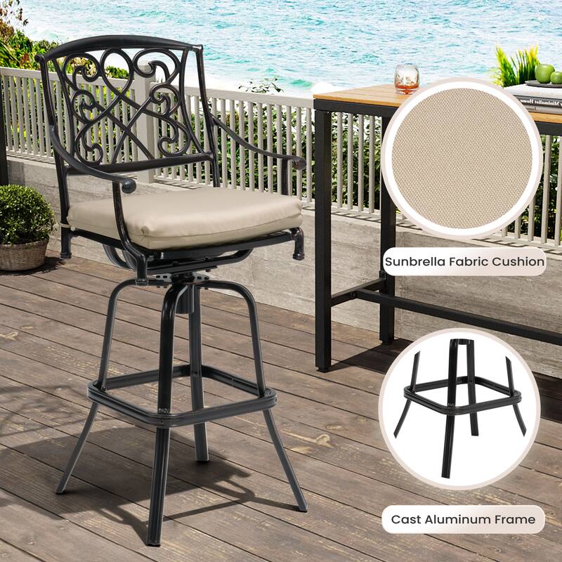 Outdoor Patio Aluminum Swivel Bar Stool with Sunbrella Cushion