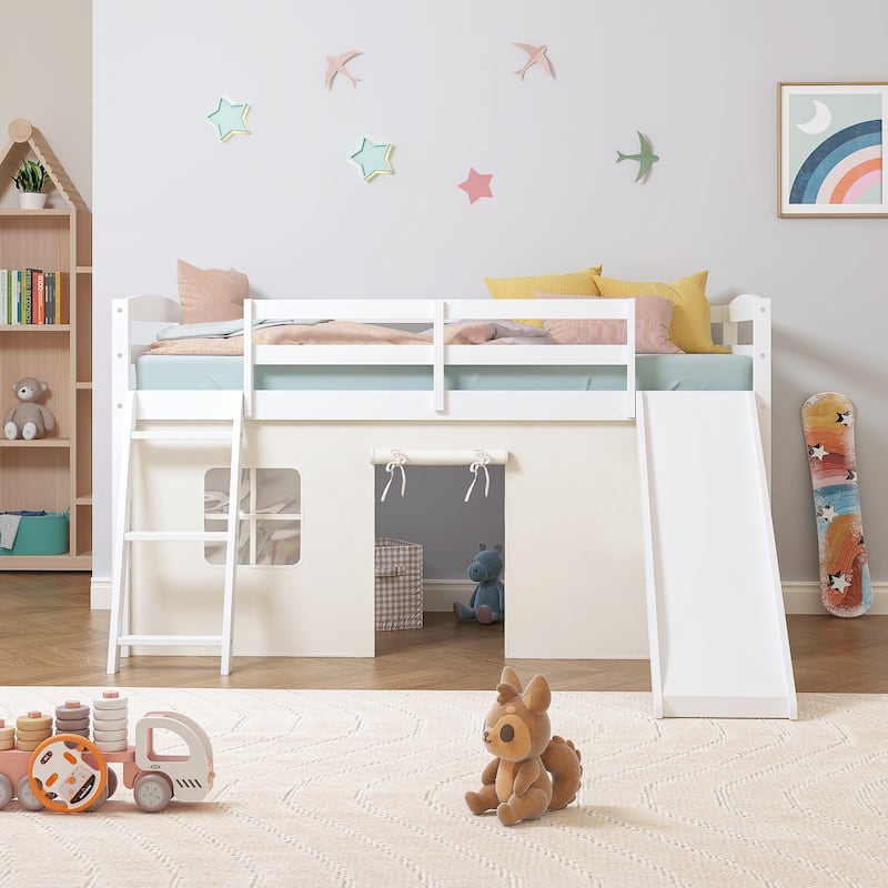 COSTARS Kids Loft Bed with Slide and Ladder, Solid Wood Twin Loft Bed with Tent and Guardrails