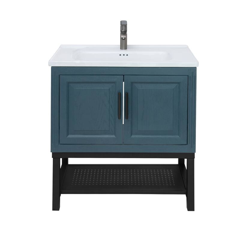 Roomfitters 32" Bathroom Vanity with Ceramic Sink, Freestanding Bathroom Cabinet with Storage & Open Shelf