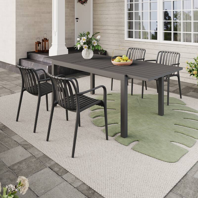 Outdoor Dining Set 5-Piece Stackable Plastic Lightweight Dining Armchair and Extendable Dining Table - Black chair & Dark Grey table