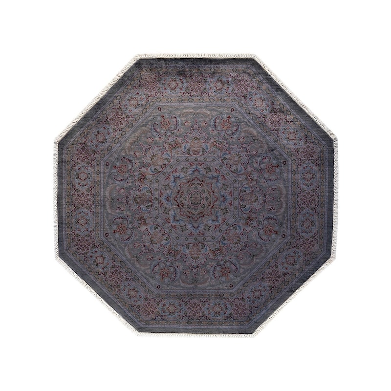 Overton Hand Knotted Wool Vintage Inspired Modern Contemporary Overdyed Gray Octagon Area Rug - 4' 4" x 4' 4"