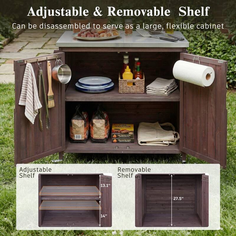 42.1" Outdoor Kitchen Island with Side Shelf, Stainless Steel Top, Adjustable Shelf & 4 Wheels
