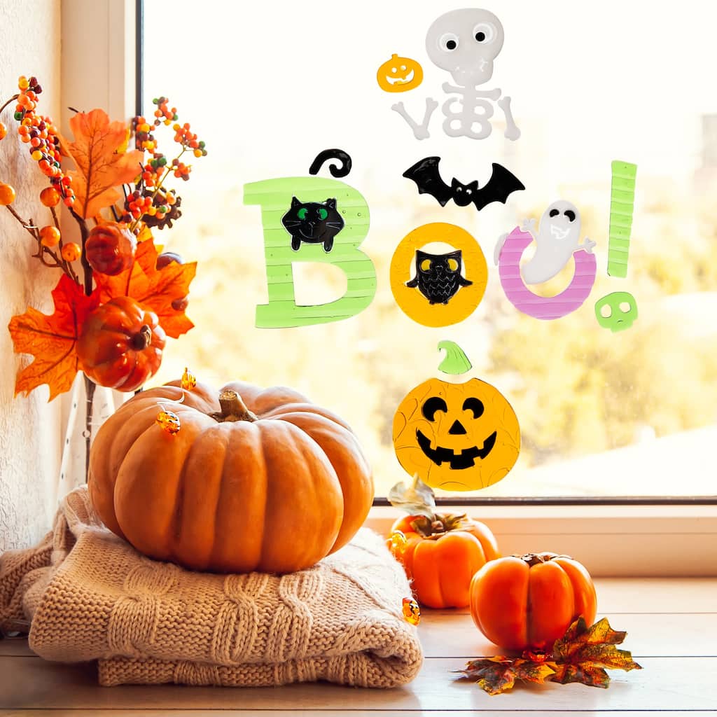 14 piece orange and green "boo!" halloween gel window clings