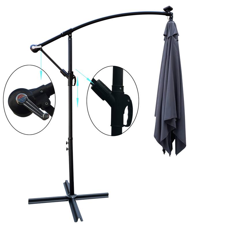 Square 2.5X2.5M Patio Umbrella Solar Powered LED Lighted Sun Shade Market Waterproof 8 Ribs Umbrella with Crank and Cross Base