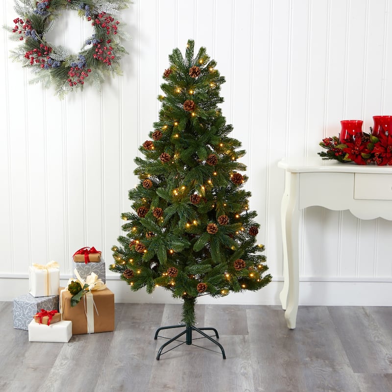 5ft. Spruce Artificial Christmas Tree with Pinecones & 100 Clear LED Lights - Charming Holiday X-Mas Tree