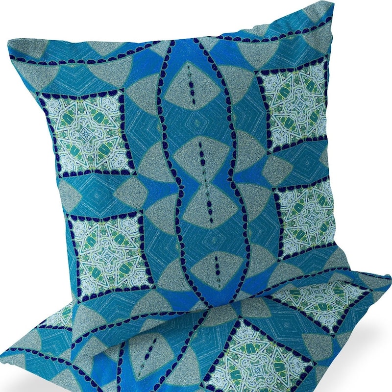 HomeRoots Set of Two 16" X 16" Blue and Green Blown Seam Eclectic Indoor Outdoor Throw Pillow - 16.00' X '16.00' X '5.00