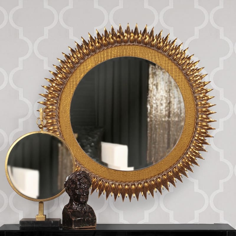 Allan Andrews Round Gold Metal Framed Tabletop Mirror with Marble Base - 17"D x 30"H