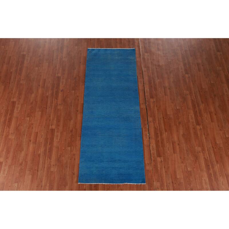 Hand Knotted Oriental 100% Wool Carpet Modern Solid Navy Blue & Blues Gabbeh Runner Rug - 8' 1'' X 3' 0''