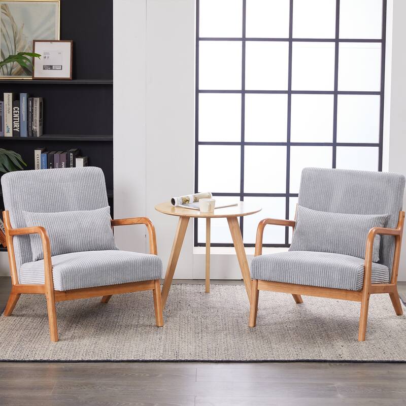 Mid-Century Modern Accent Chair, Upholstered Single Sofa Chair with Pillow, Lounge Armchair with Rubber Wood Frame