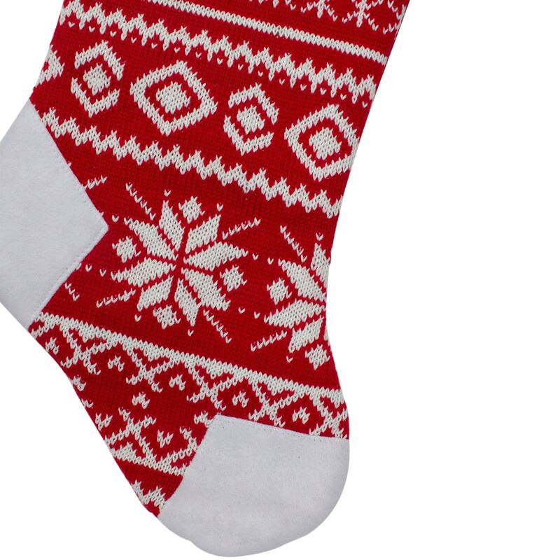 21.5" Red and White Knitted Snowflake Christmas Stocking with Fleece Cuff