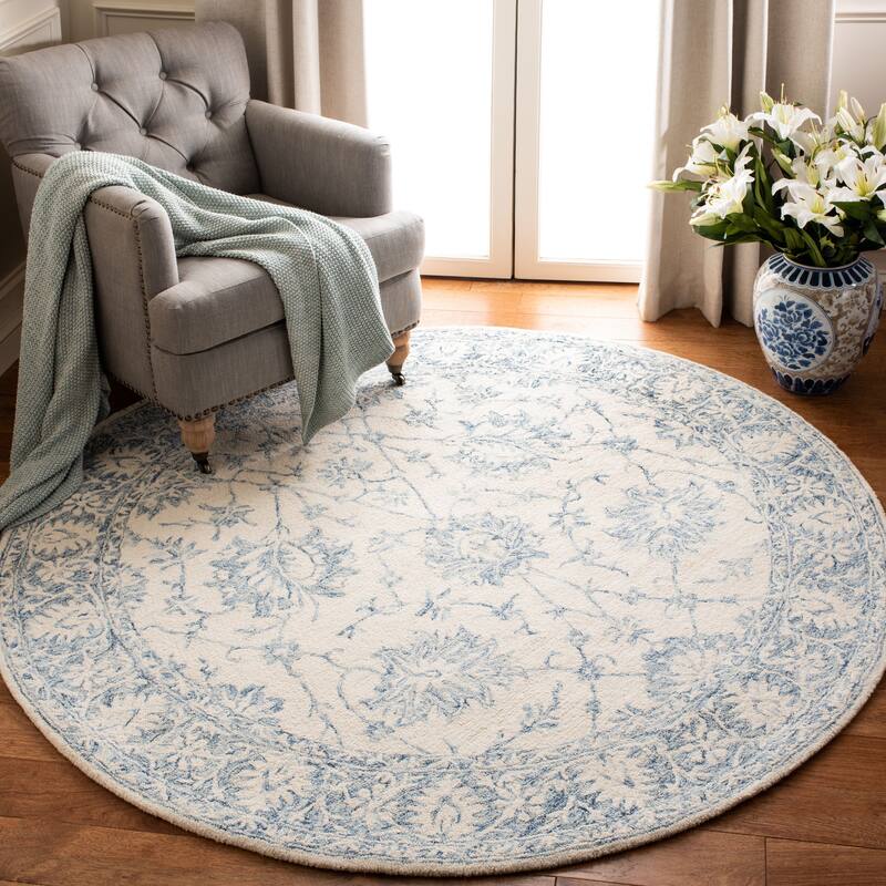 SAFAVIEH Handmade Blossom Unni Modern Floral Wool Rug - 6' Round - Ivory/Blue