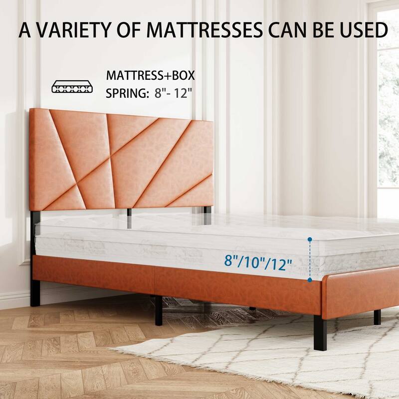 Heavy Duty Metal Bed Frame, Square Leather Upholstered Platform Bed with Under Bed Storage, No Box Spring Needed