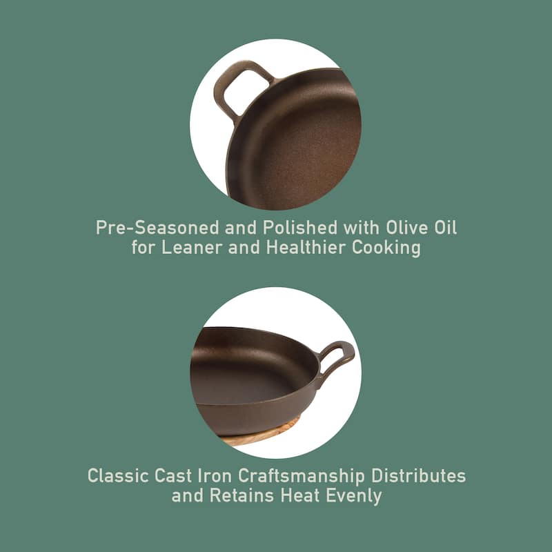Bloomhouse Natural Bronze Finish Pre-seasoned Cast Iron Grill, Everyday Pan, Skillet & Olive Wood Trivet