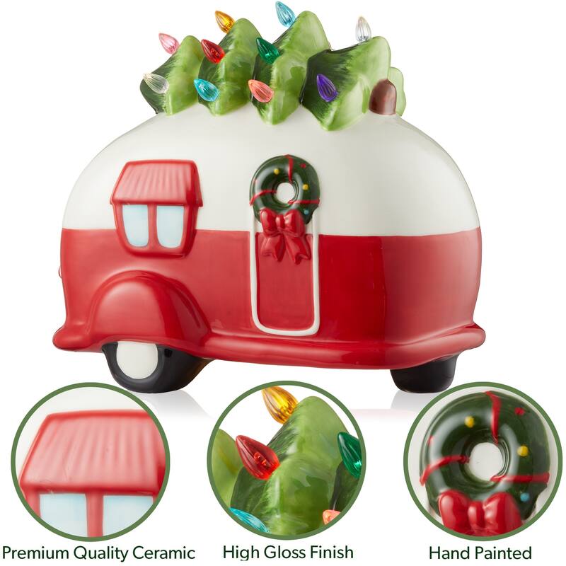 PreLit HandPainted Ceramic Christmas Vintage Camper with Tree