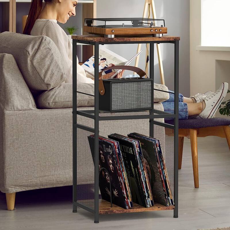 3 Tier Vinyl Record Stand with Storage Turntable Stand with Shelf Black