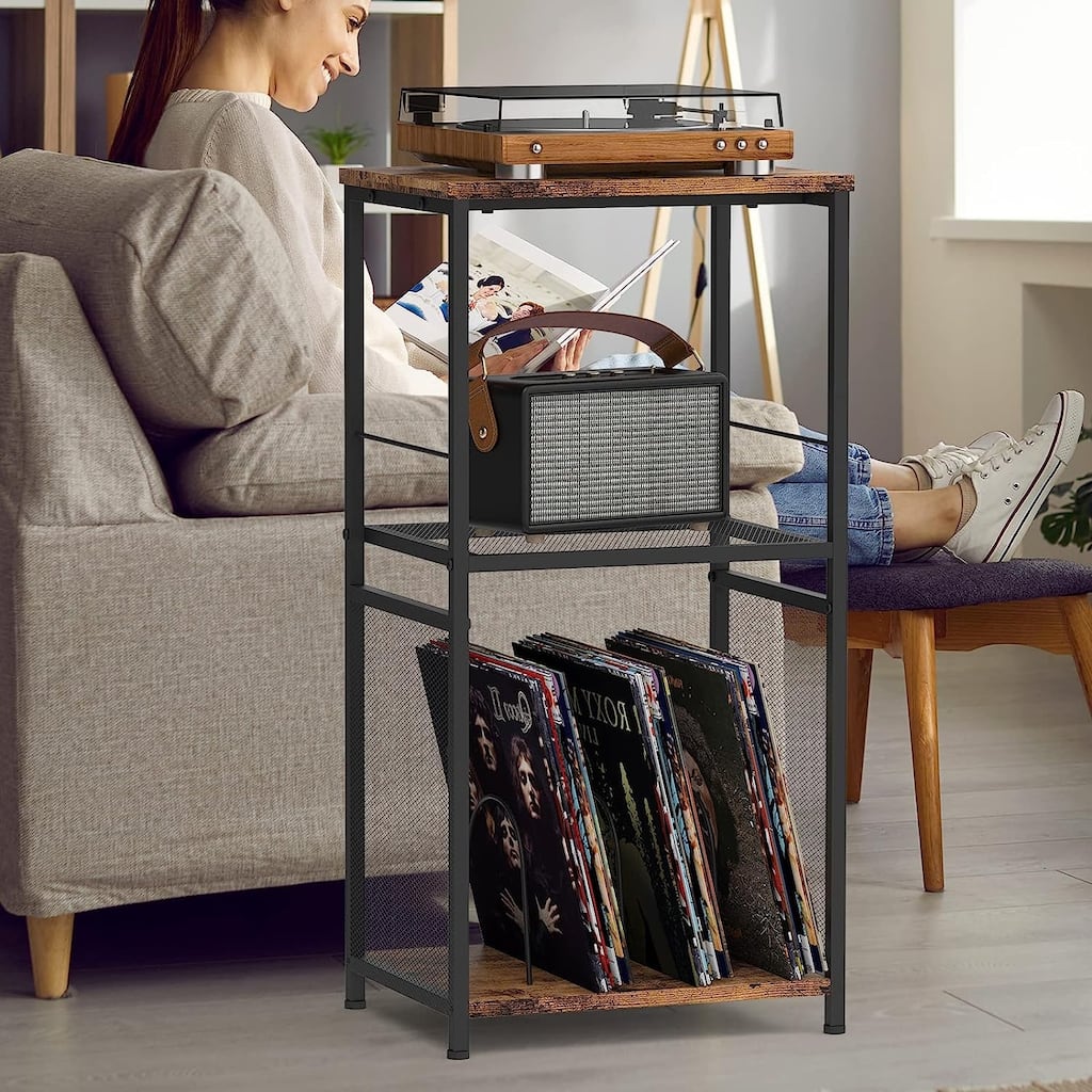 3 Tier Vinyl Record Stand with Storage Turntable Stand with Shelf Black