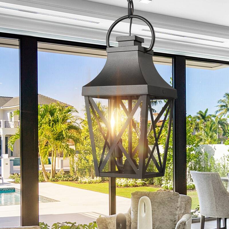 Black 2-Light Outdoor Pendant - Industrial Cage Chandelier with Clear Glass for Porch, Entryway, Farmhouse