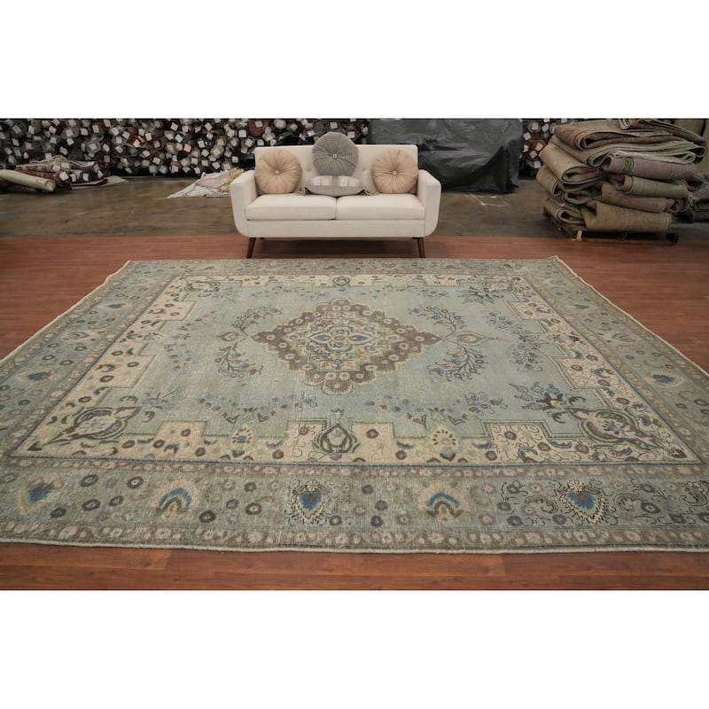 Hand Knotted Oriental 100% Wool Carpet Traditional Floral Greys & Charcoal Tabriz Area Rug - 11' 9'' X 9' 6''