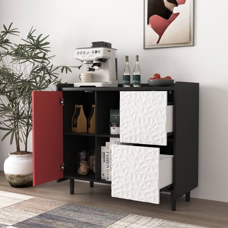 Modern Sideboard Buffet Cabinet with 2 Drawers and 2 Open Storage Compartment