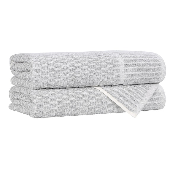 Blue Nile Mills Cotton Blend Medium Weight Checkered Border Bath Towels, Set of 2 - Silver