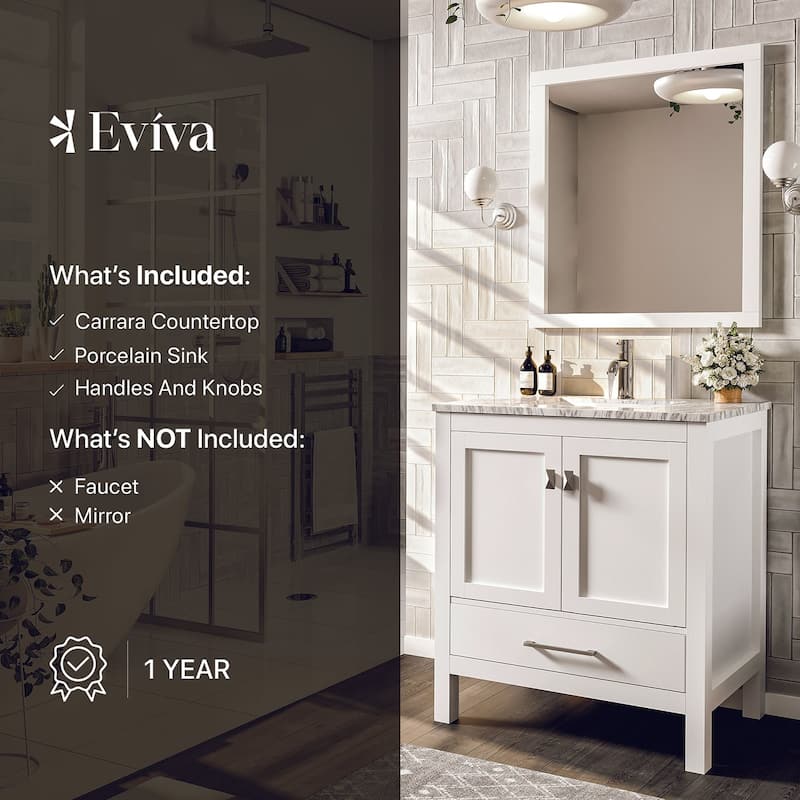 Eviva London 30"W x 18"D White Bathroom Vanity with Carrara Quartz Countertop and Undermount Porcelain Sink