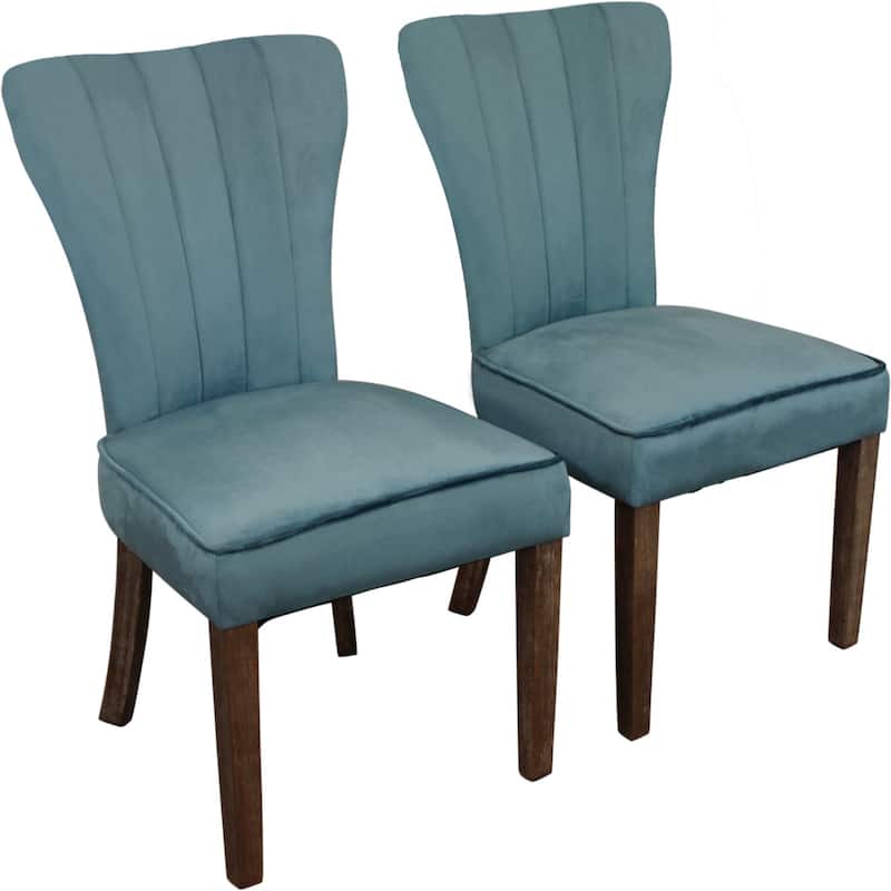 Set of 2 Velvet Upholstered Dining Chairs with Brown Wooden Legs - 26” x 21” x 38” - Teal-Blue-Brown