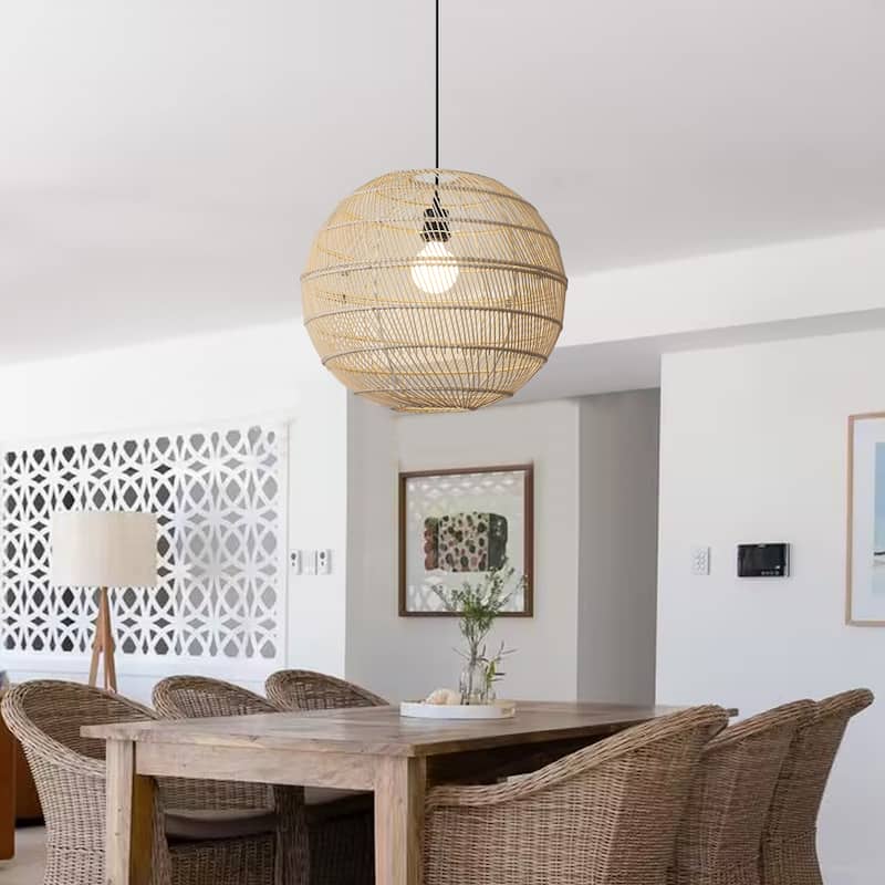 1-Light Globe Chandelier with Rattan Shade, No Bulbs Included