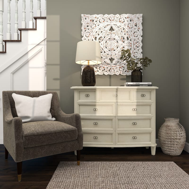 White Wooden Handmade Intricately Carved Floral Home Wall Decor with Mandala Design