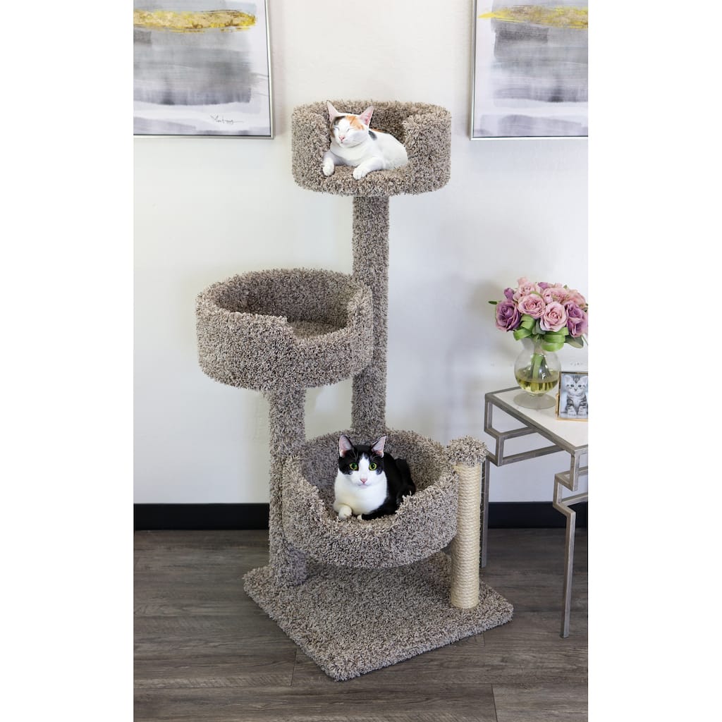 4-Level Solid Wood and Carpet Cat Tree with Deep Round Beds, Staggered Platforms and Multiple Sisal Rope Posts