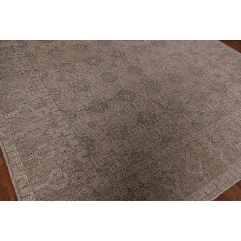 All-Over Geometric Oushak Vegetable Dye Rug Hand-Knotted Wool Carpet - 8'0" x 9'11"