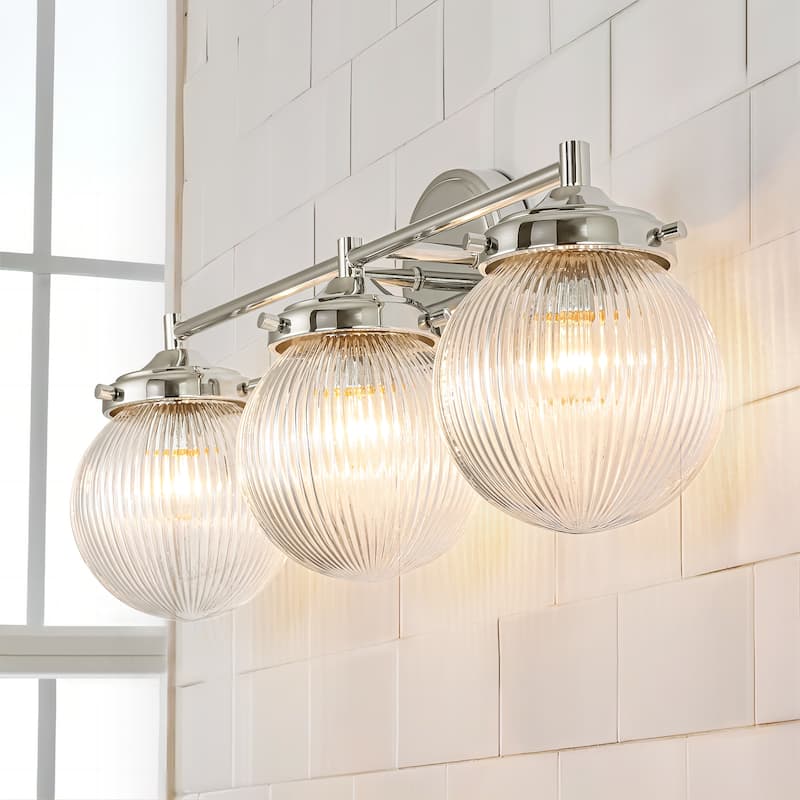 3-Light Modern Linear Ribbed Clear Glass Globe Bubble Bathroom Vanity Light over Mirror - 24.4 in. W x 9.6 in. H x 6.6 in. D - Chrome