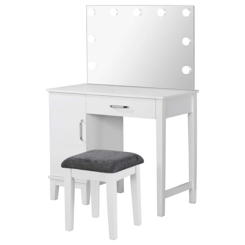 White and Dark Grey Vanity Set with Lighting and Stool