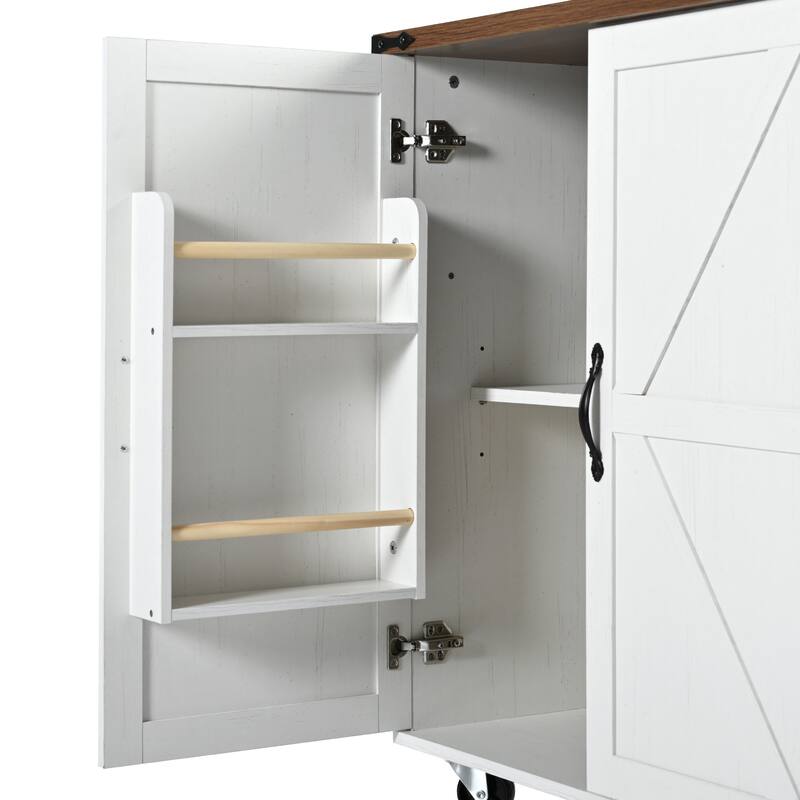 Rolling Kitchen Island with Folding Drop Leaf, Wooden Storage Cabinet with Power Outlet, Internal Storage Rack and Spice Rack